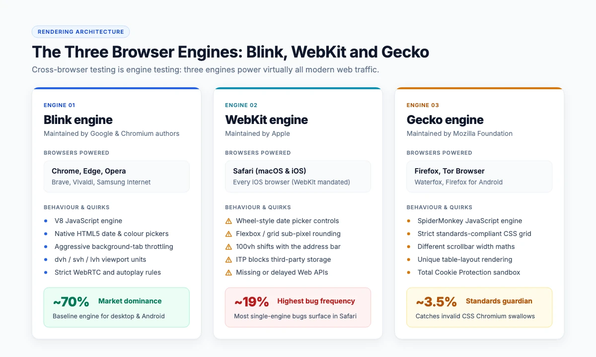 Diagram of the three browser engines — Blink, WebKit and Gecko — and the browsers built on them
