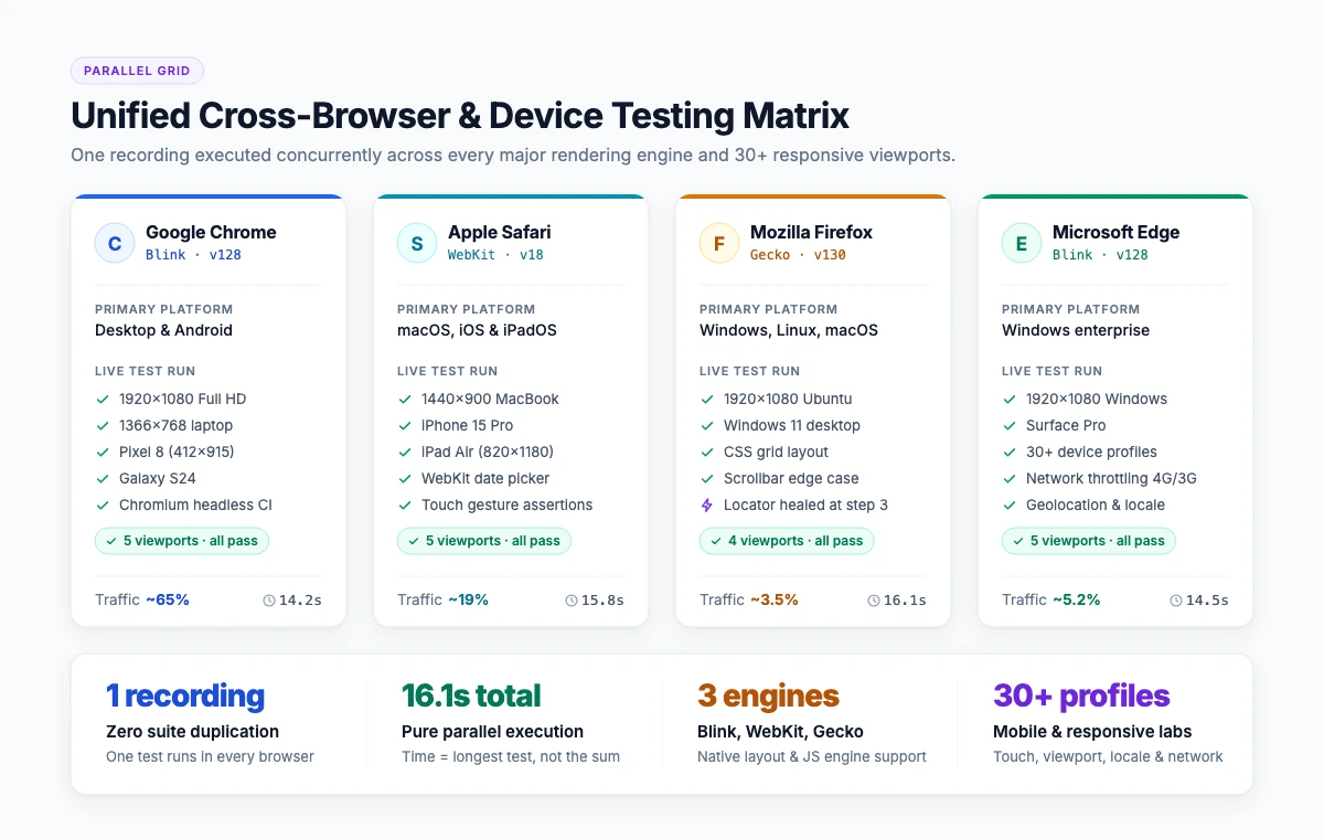Cross-browser testing matrix covering Chrome, Firefox, Safari and Edge across desktop and mobile viewports