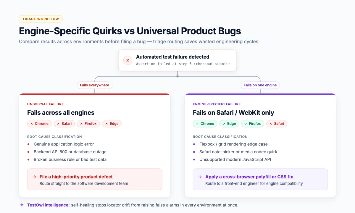 Decision chart separating engine-specific failures from universal product bugs