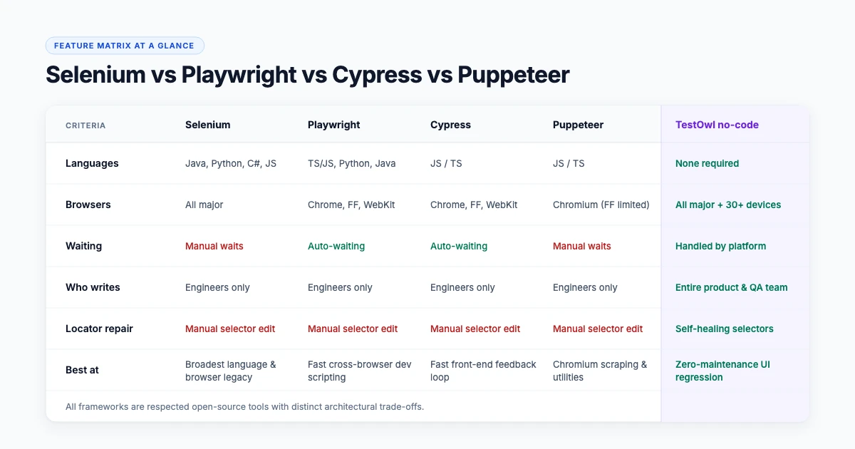 Feature comparison table of Selenium, Playwright, Cypress and Puppeteer