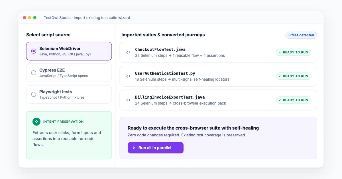 TestOwl Import Wizard bringing existing Selenium scripts into the platform