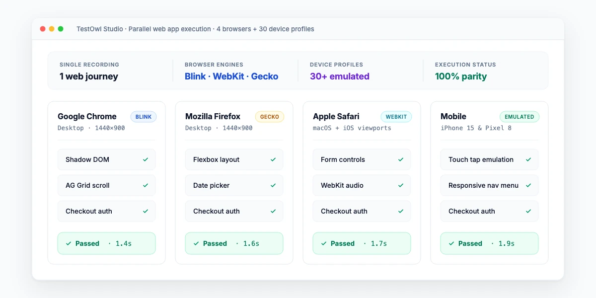 TestOwl running a recorded web application journey across browsers and devices